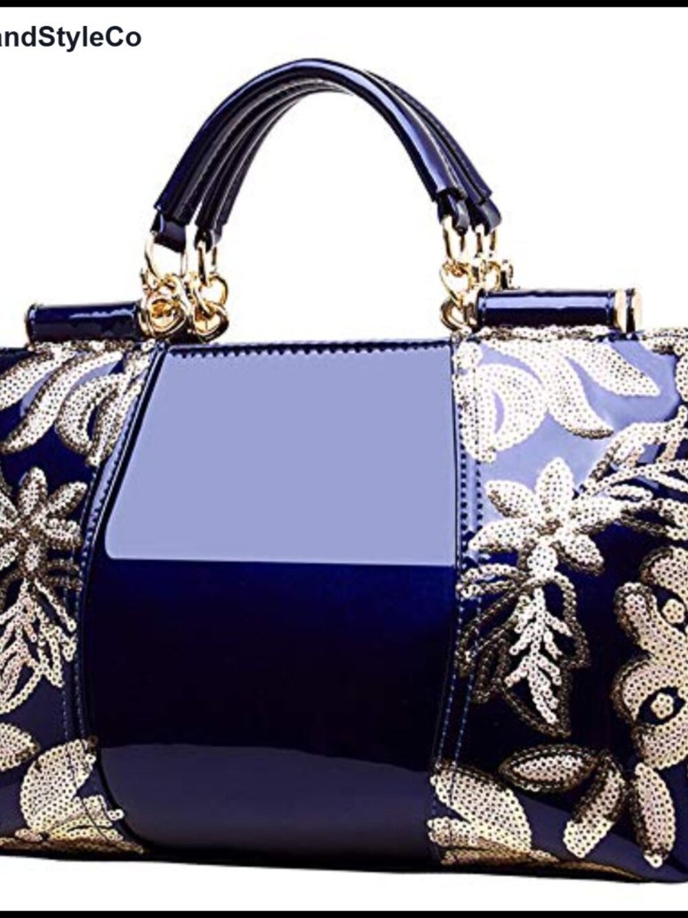 Patent Leather Satchel Handbag Sequin Embroidery Top Handle Shoulder Bag Purse